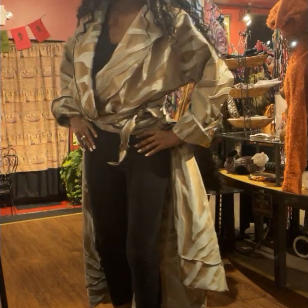 Long Satin Tapestry Wrap Dress